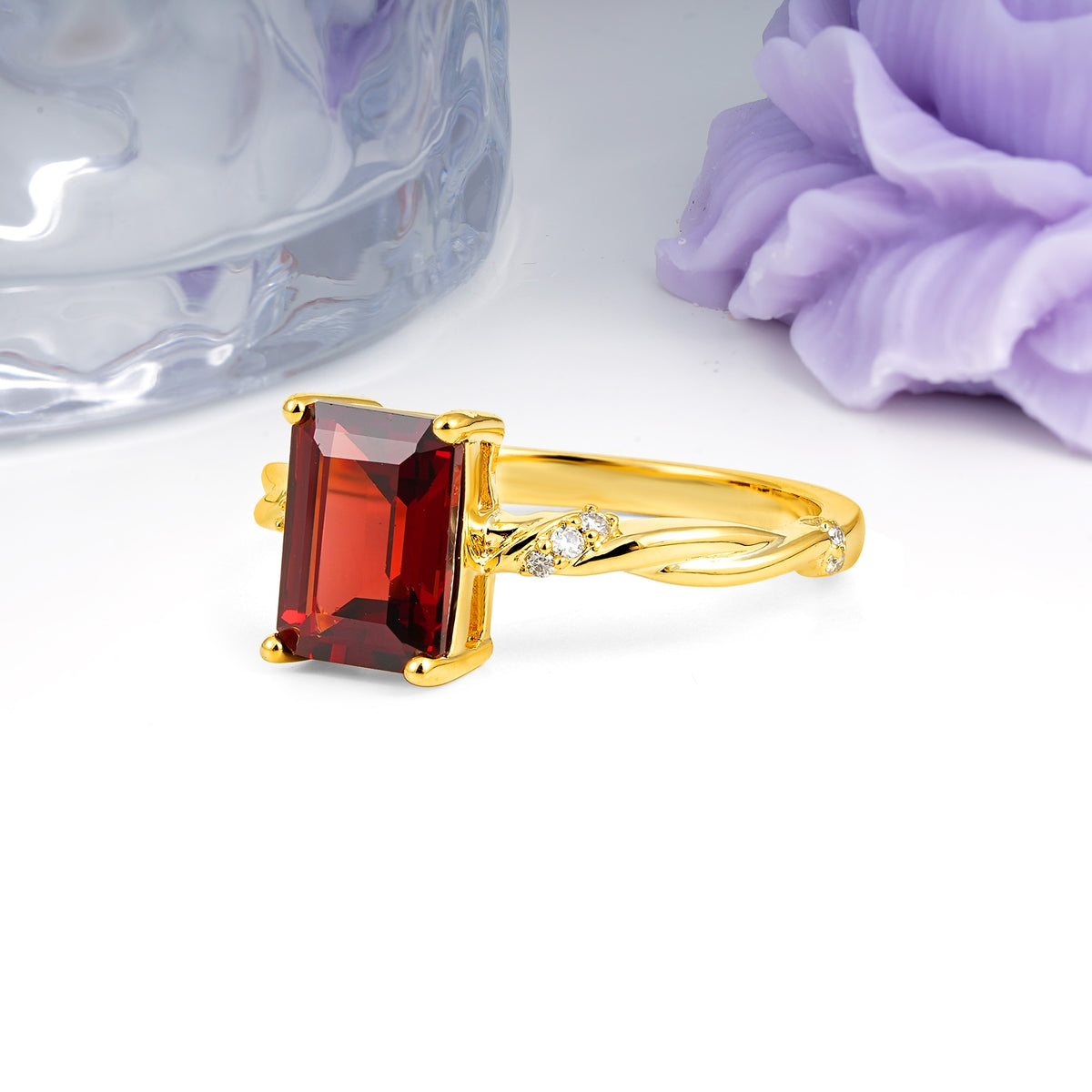 Classic Luxury Twisted 4-Prong Emerald Cut Garnet Engagement Ring - Additional view