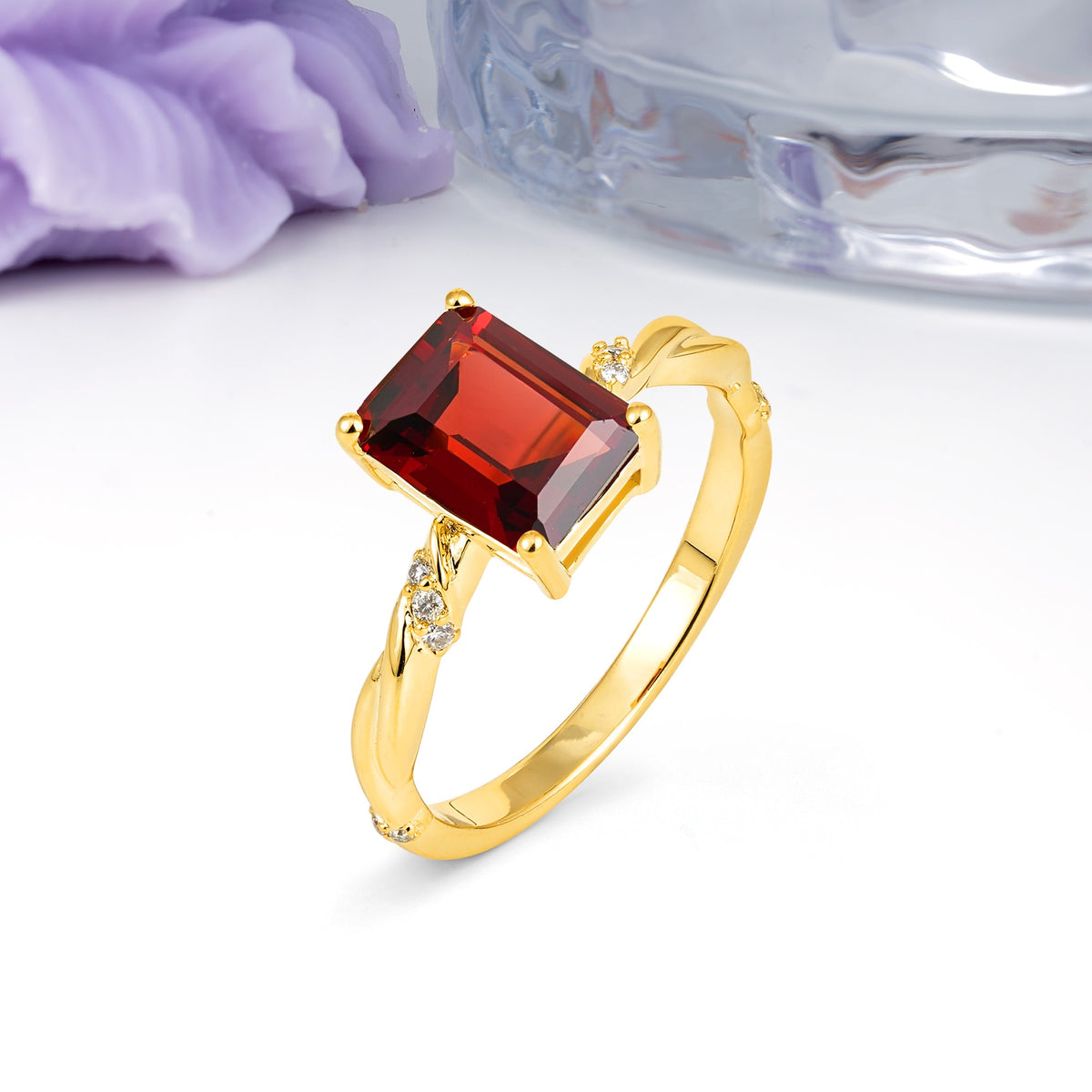 Classic Luxury Twisted 4-Prong Emerald Cut Garnet Engagement Ring - Additional view