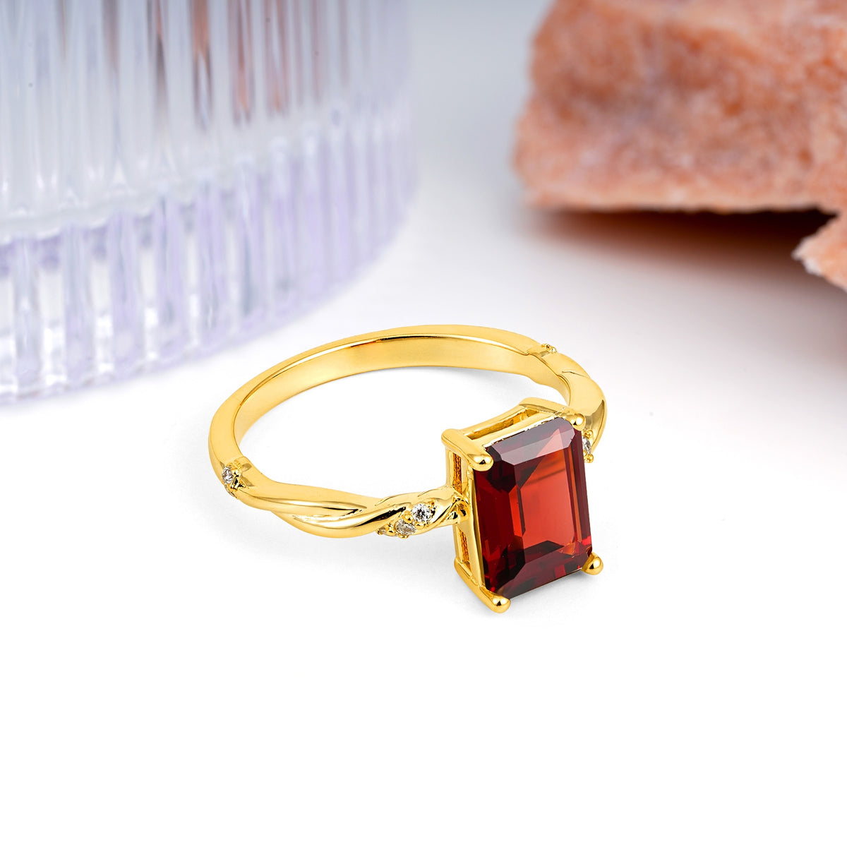 Classic Luxury Twisted 4-Prong Emerald Cut Garnet Engagement Ring - Additional view