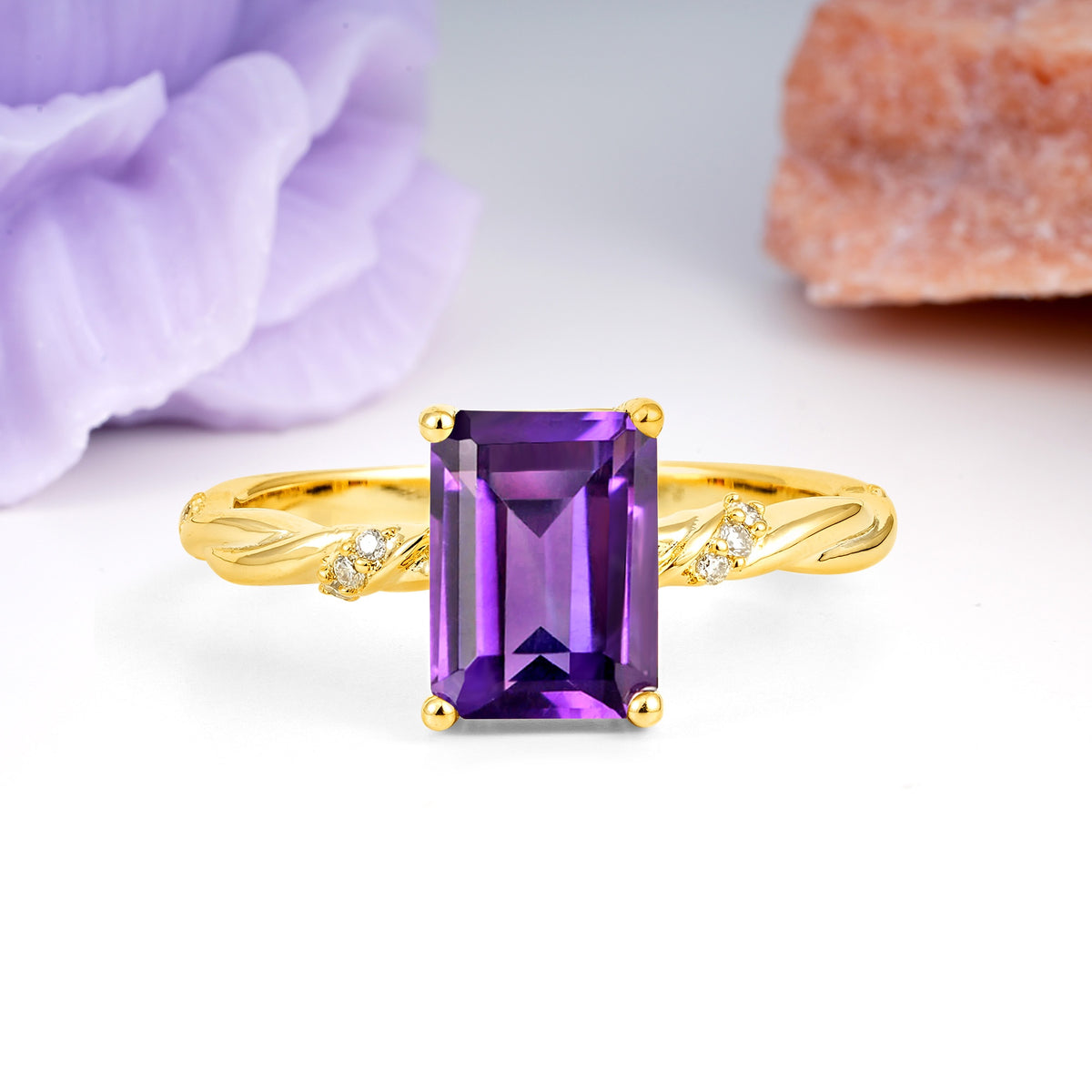 Classic Luxury Twisted 4-Prong Emerald Cut Amethyst Engagement Ring - Additional view