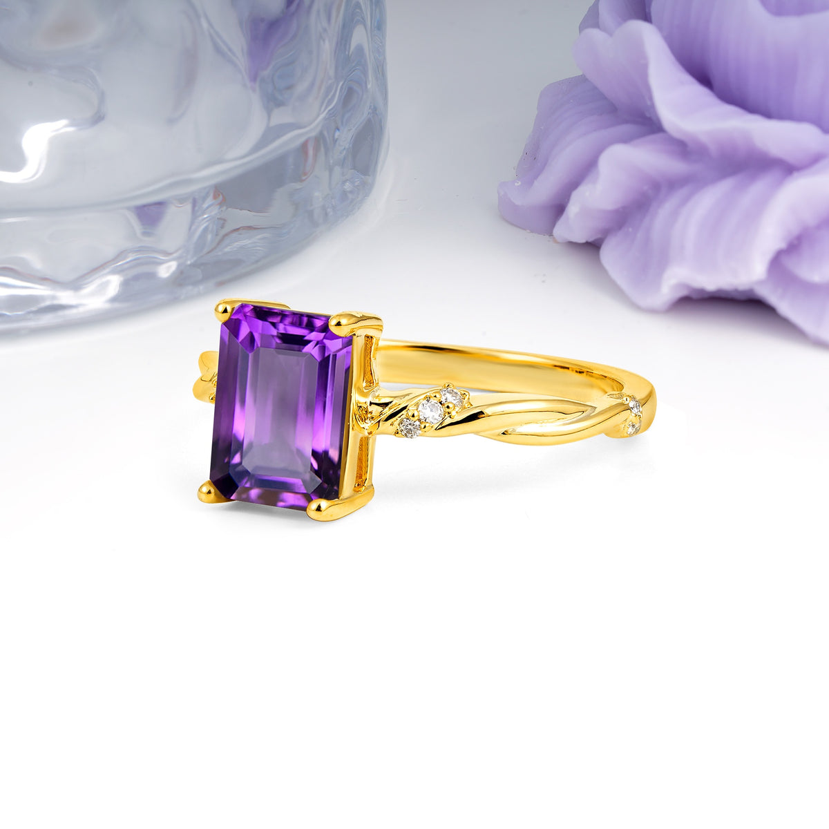 Classic Luxury Twisted 4-Prong Emerald Cut Amethyst Engagement Ring - Additional view