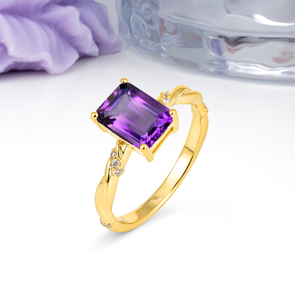 Classic Luxury Twisted 4-Prong Emerald Cut Amethyst Engagement Ring - Additional view