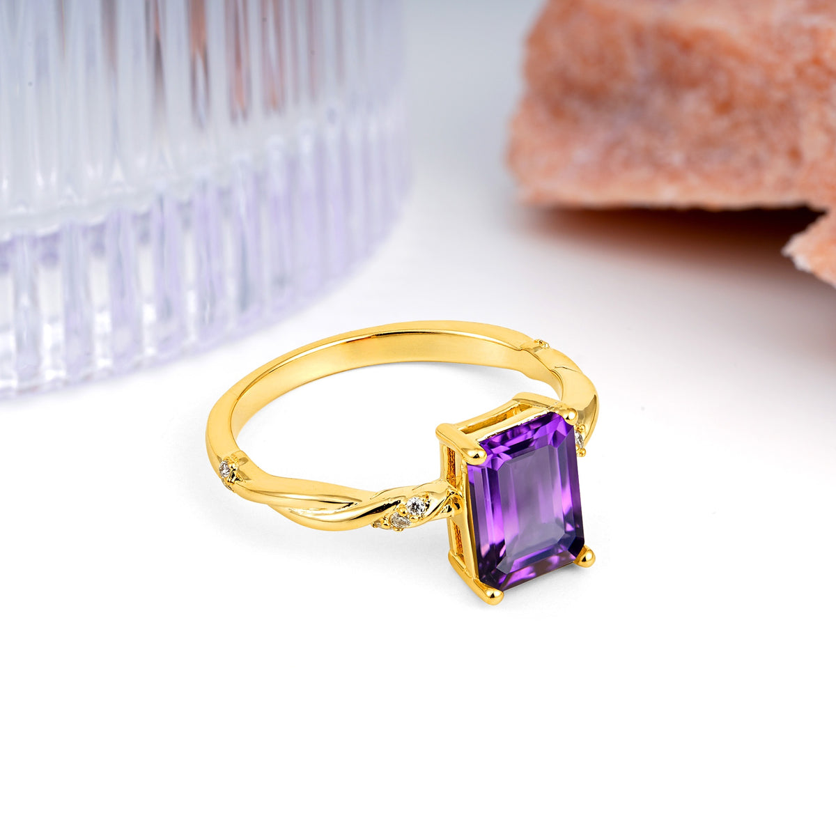 Classic Luxury Twisted 4-Prong Emerald Cut Amethyst Engagement Ring - Additional view