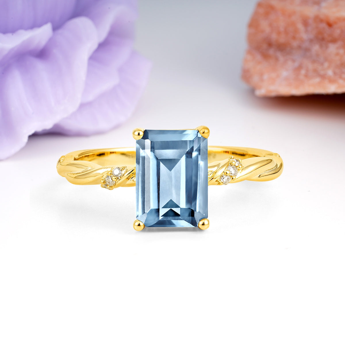 Classic Luxury Twisted 4-Prong Emerald Cut Aquamarine Engagement Ring - Additional view