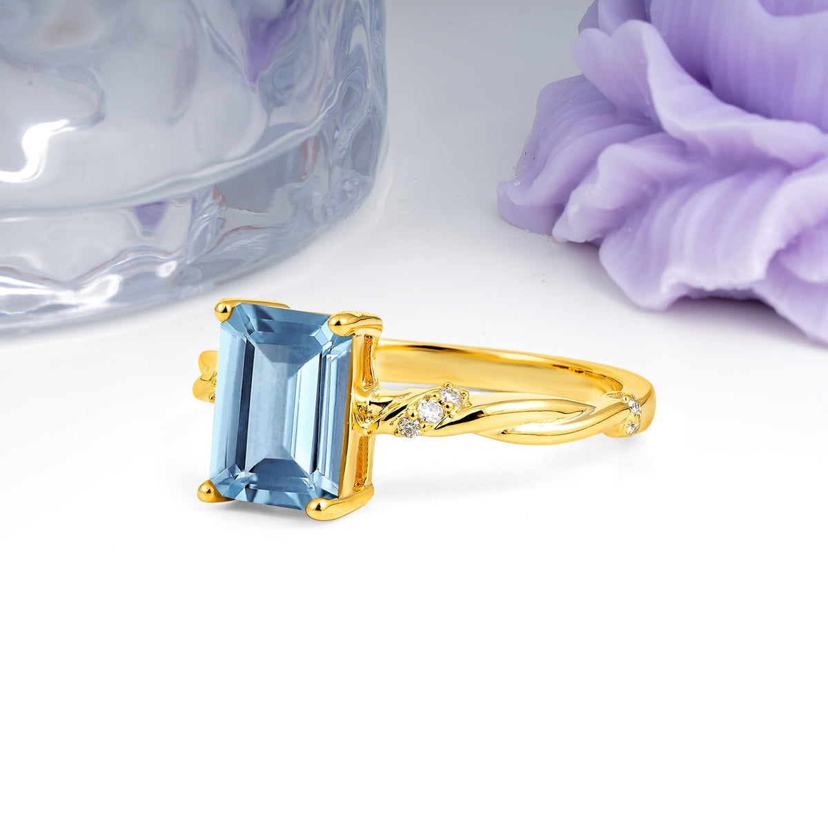Classic Luxury Twisted 4-Prong Emerald Cut Aquamarine Engagement Ring - Additional view