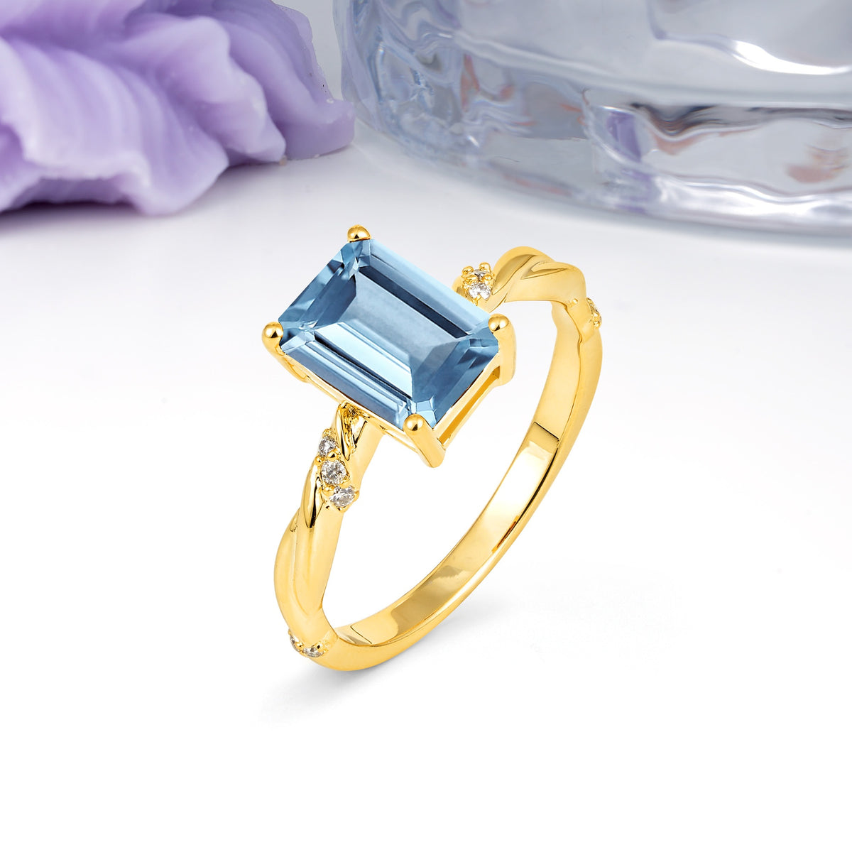 Classic Luxury Twisted 4-Prong Emerald Cut Aquamarine Engagement Ring - Additional view