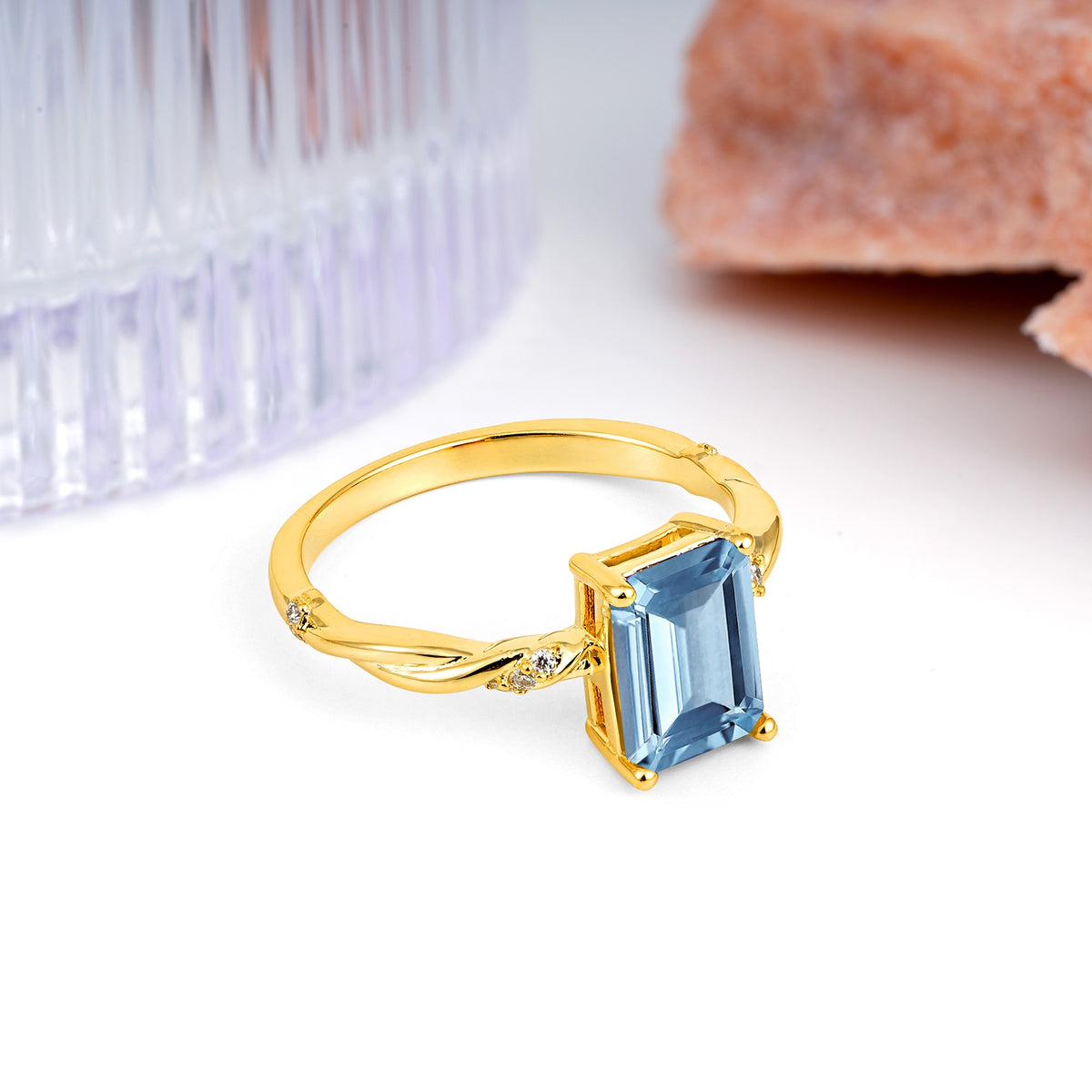 Classic Luxury Twisted 4-Prong Emerald Cut Aquamarine Engagement Ring - Additional view
