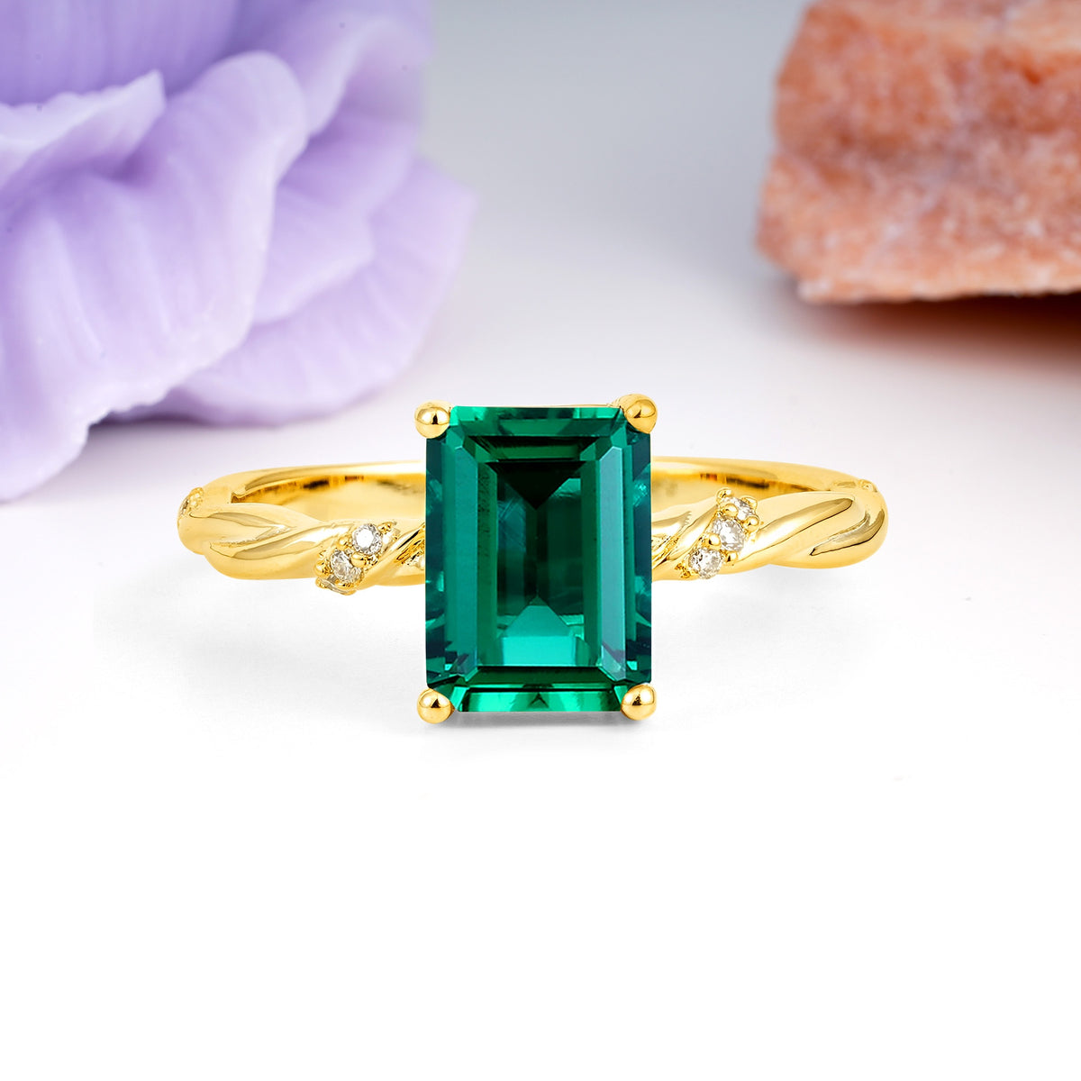 Classic Luxury Twisted 4-Prong Emerald Cut Emerald Engagement Ring - Additional view
