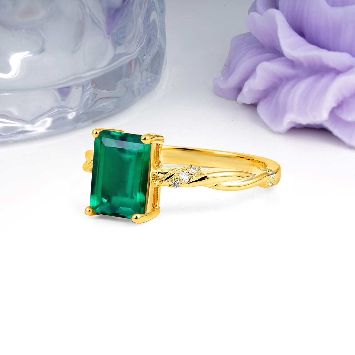 Classic Luxury Twisted 4-Prong Emerald Cut Emerald Engagement Ring - Additional view