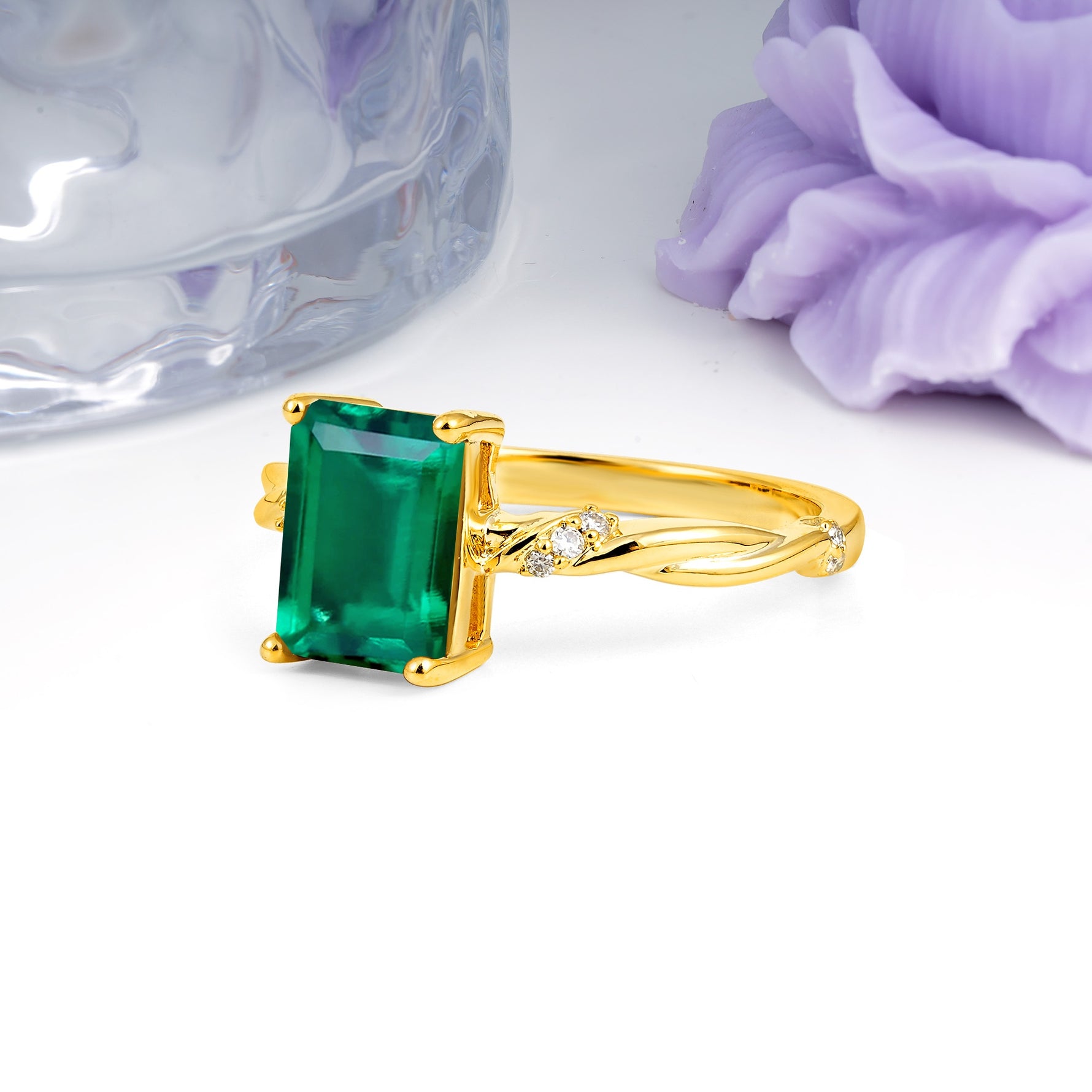 Classic Luxury Twisted 4-Prong Emerald Cut Emerald Engagement Ring - Additional view