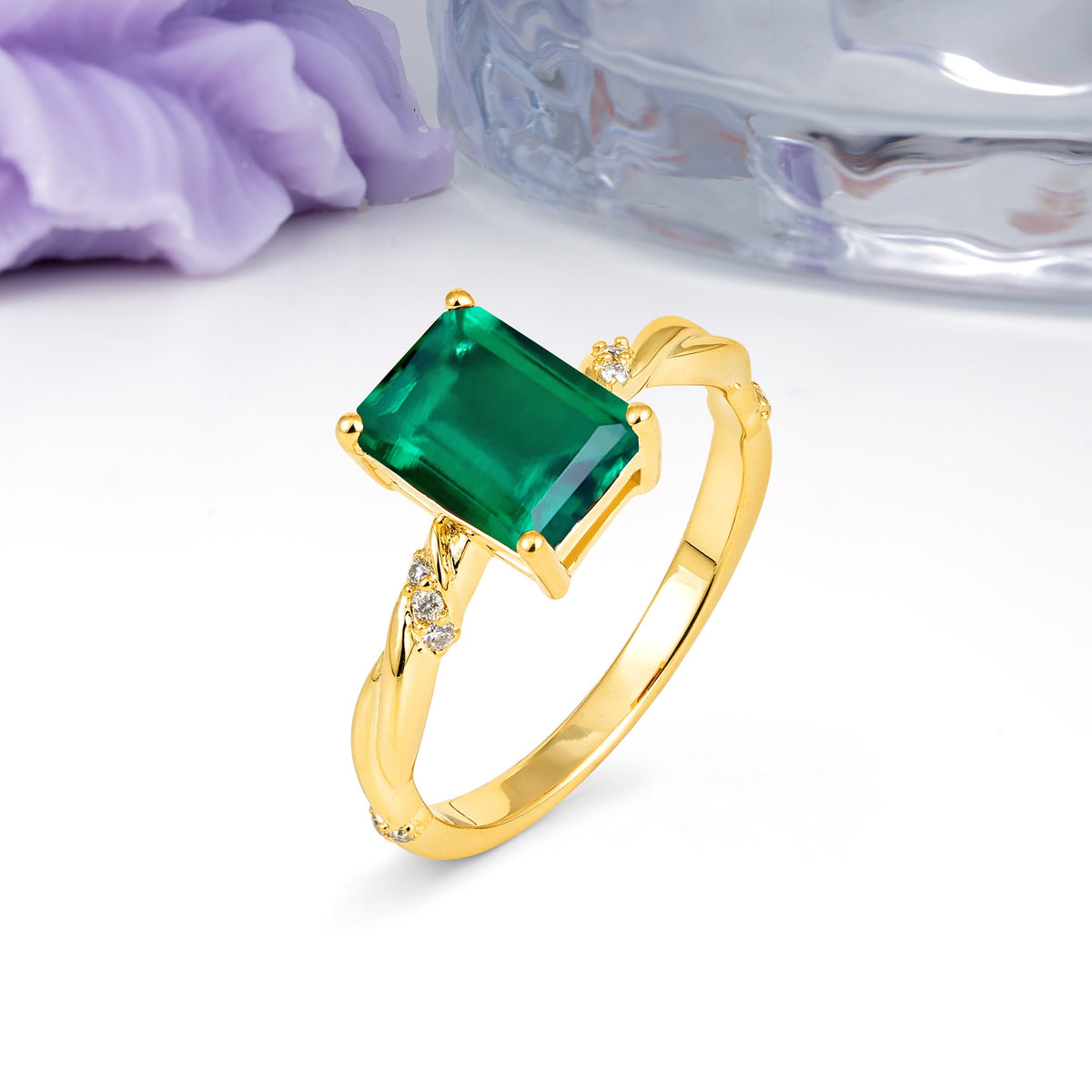 Classic Luxury Twisted 4-Prong Emerald Cut Emerald Engagement Ring - Additional view