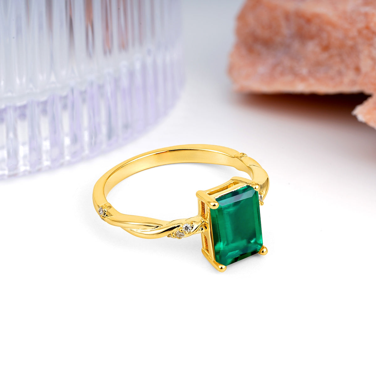 Classic Luxury Twisted 4-Prong Emerald Cut Emerald Engagement Ring - Additional view
