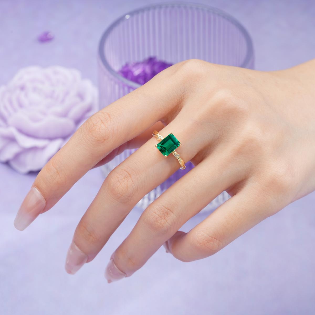 Classic Luxury Twisted 4-Prong Emerald Cut Emerald Engagement Ring