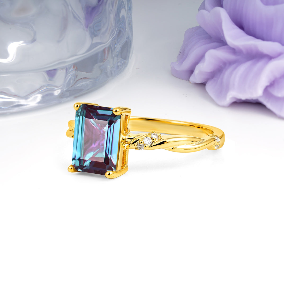Classic Luxury Twisted 4-Prong Emerald Cut Alexandrite Engagement Ring - Additional view