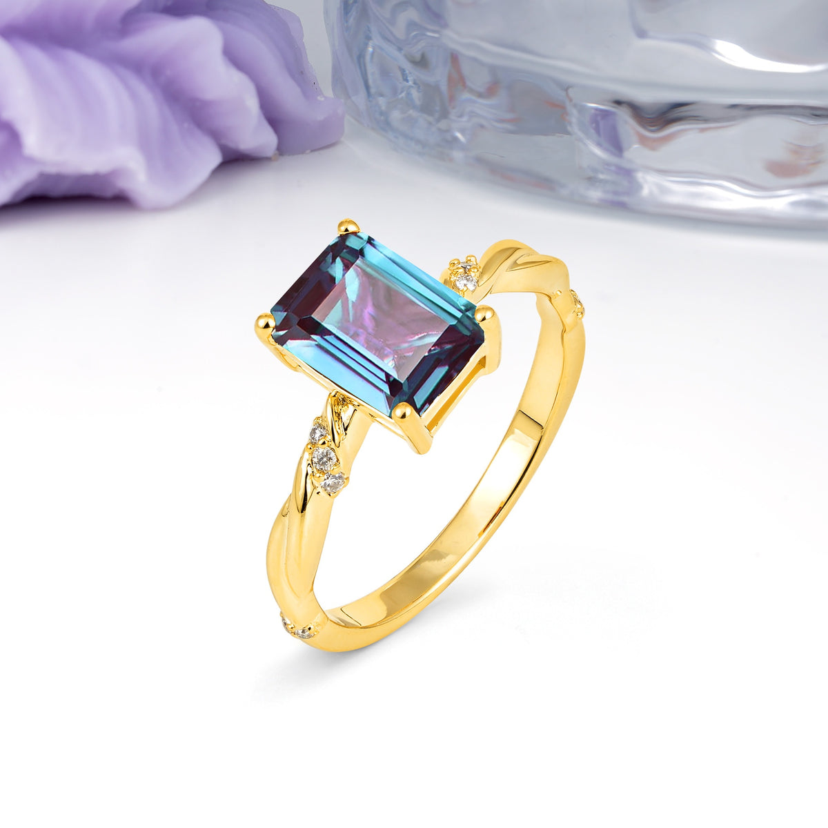 Classic Luxury Twisted 4-Prong Emerald Cut Alexandrite Engagement Ring - Additional view