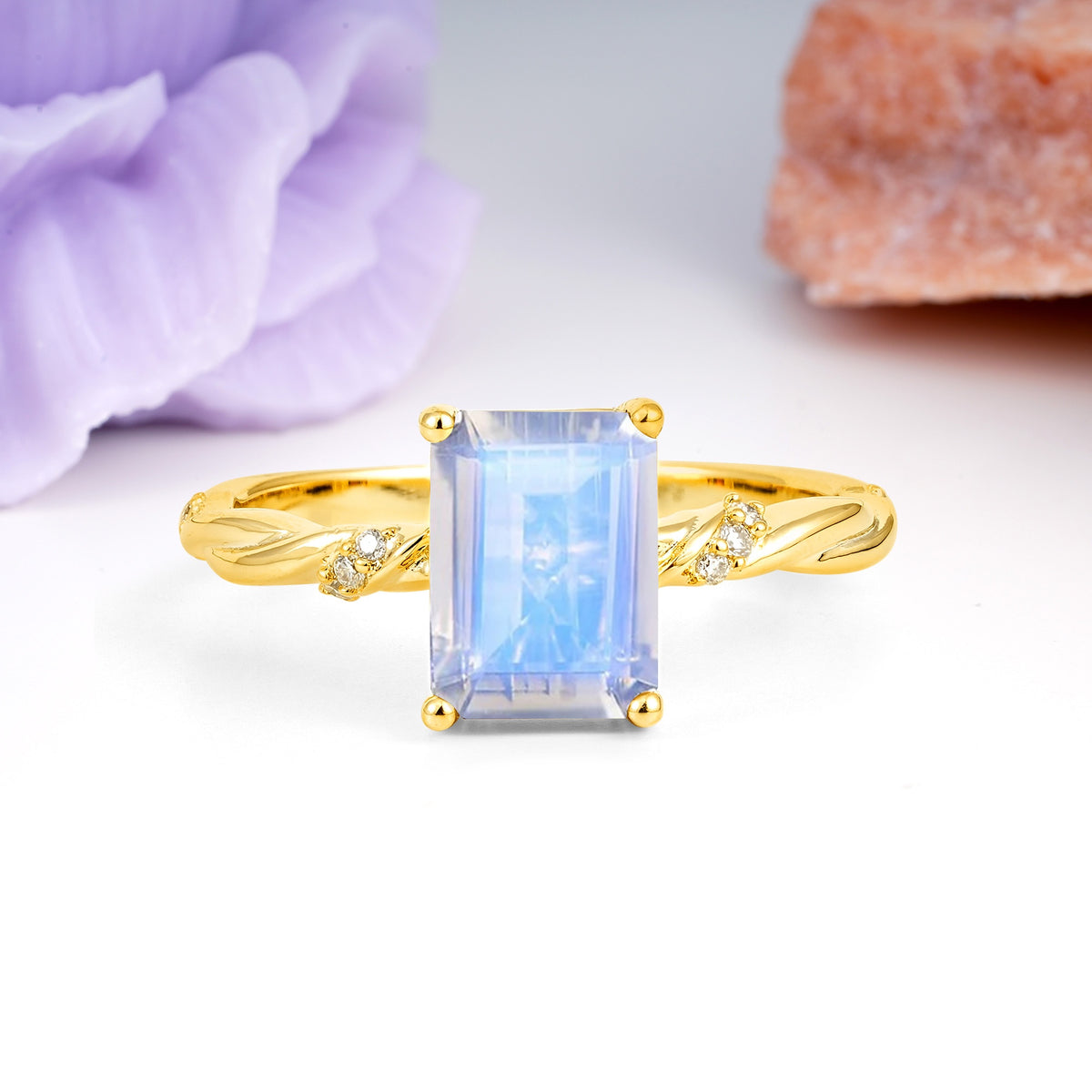 Classic Luxury Twisted 4-Prong Emerald Cut Moonstone Engagement Ring - Additional view