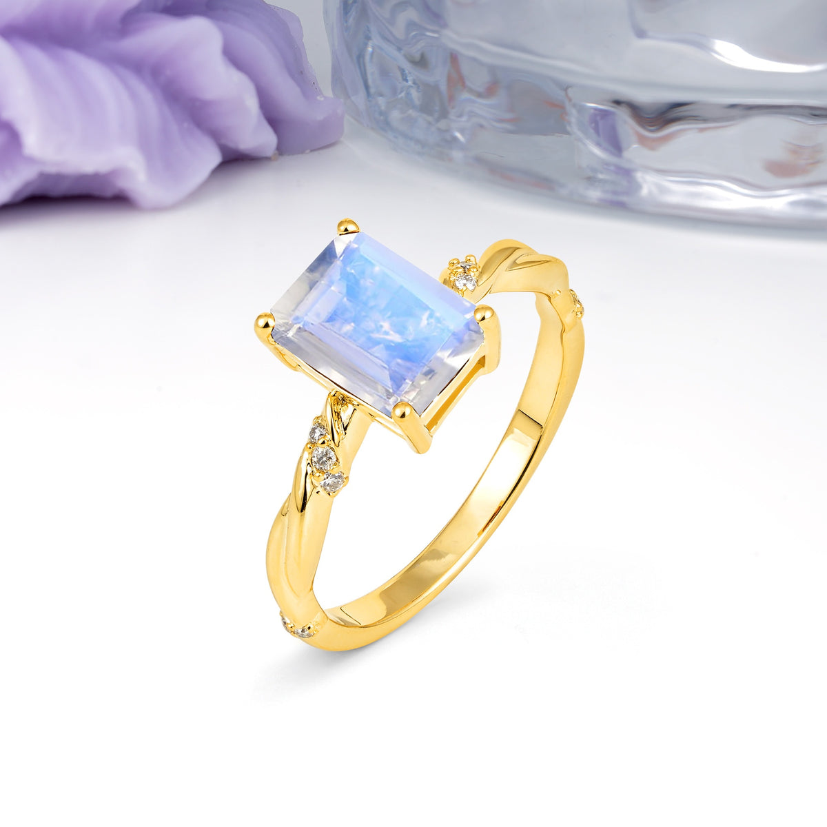 Classic Luxury Twisted 4-Prong Emerald Cut Moonstone Engagement Ring - Additional view