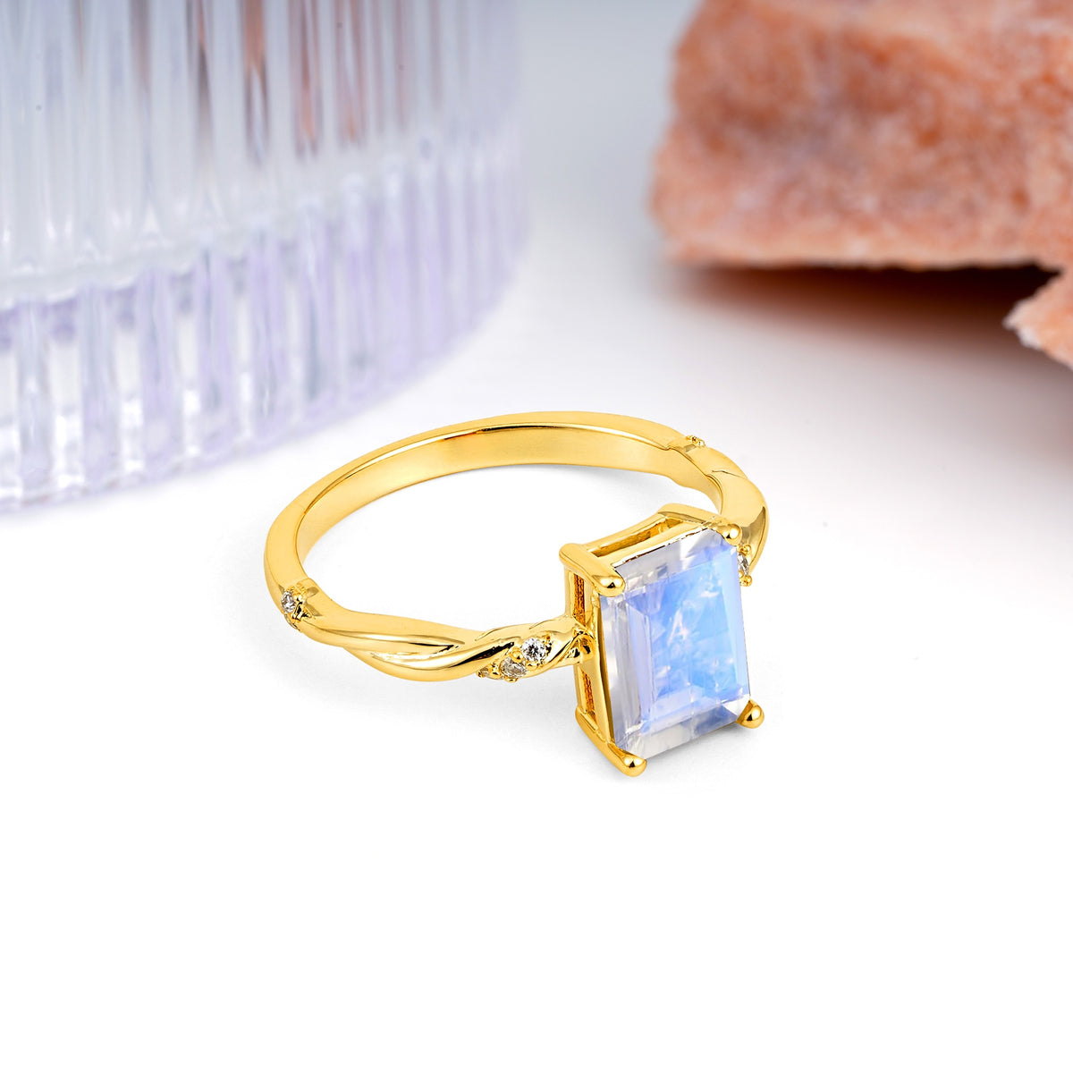 Classic Luxury Twisted 4-Prong Emerald Cut Moonstone Engagement Ring - Additional view