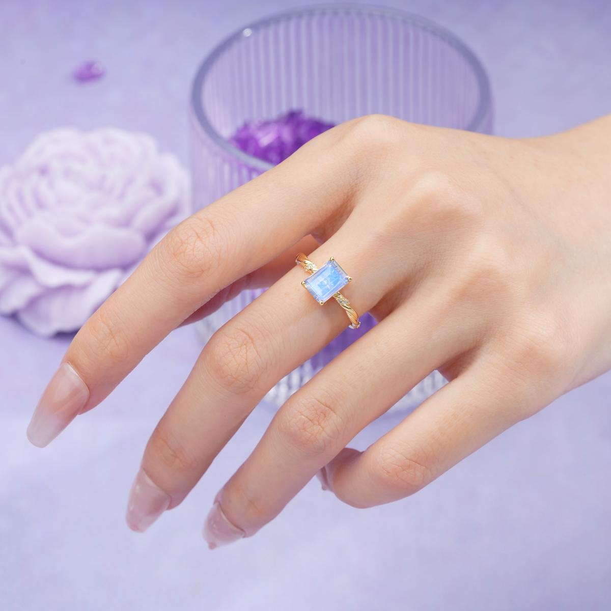 Classic Luxury Twisted 4-Prong Emerald Cut Moonstone Engagement Ring
