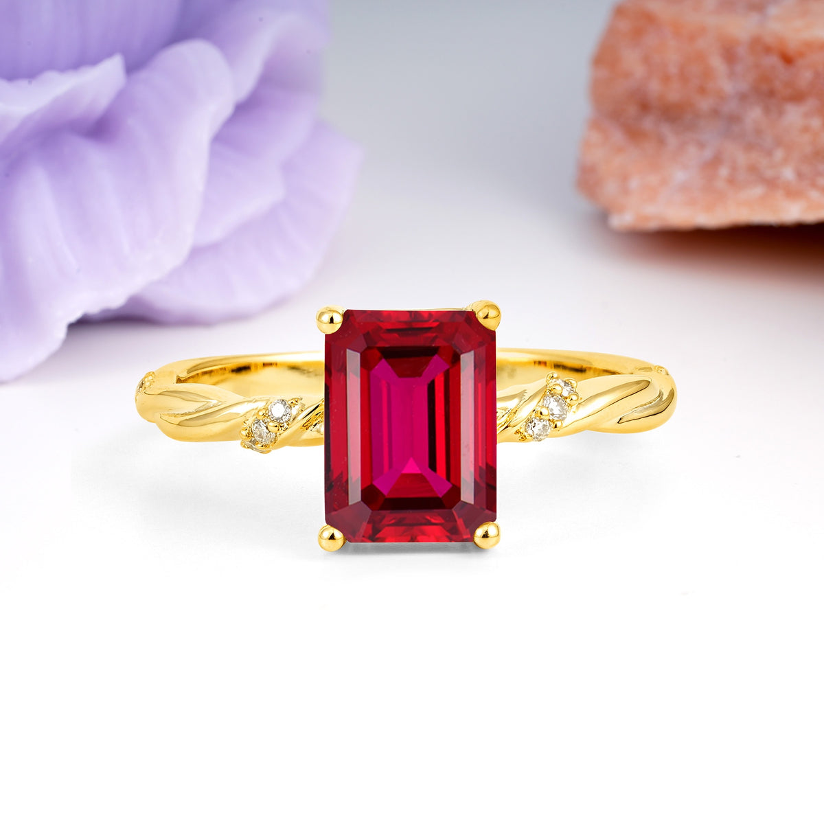 Classic Luxury Twisted 4-Prong Emerald Cut Ruby Engagement Ring - Additional view