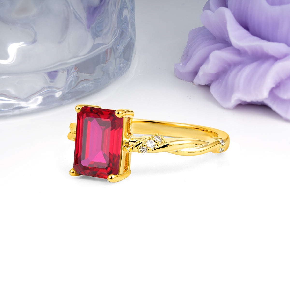 Classic Luxury Twisted 4-Prong Emerald Cut Ruby Engagement Ring - Additional view