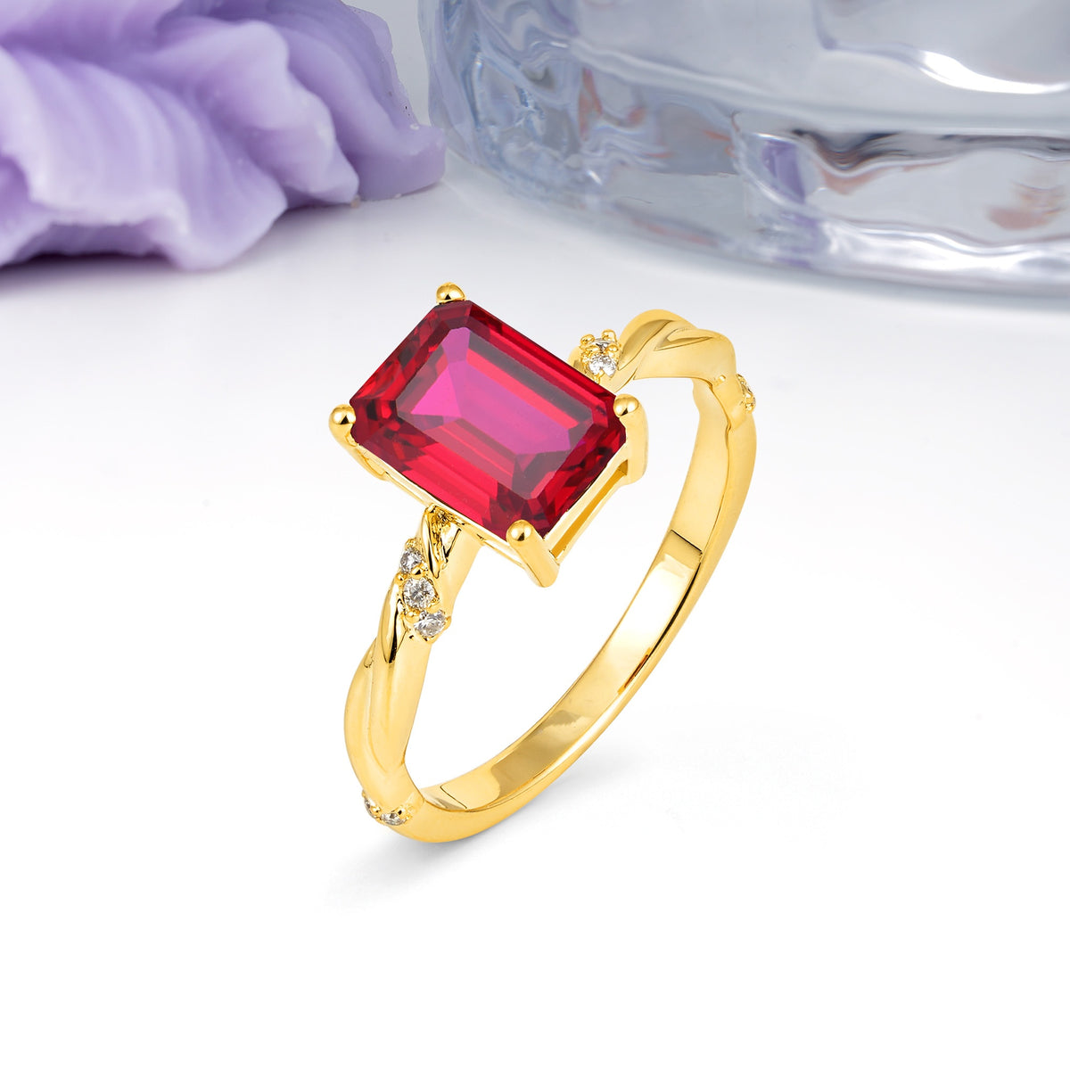 Classic Luxury Twisted 4-Prong Emerald Cut Ruby Engagement Ring - Additional view