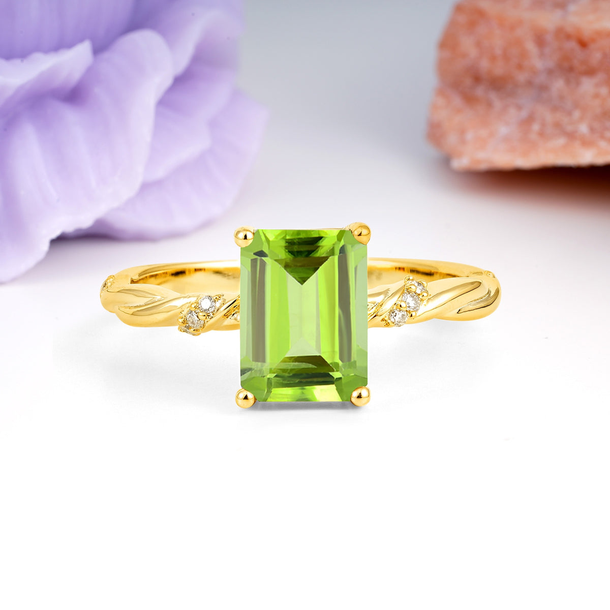 Classic Luxury Twisted 4-Prong Emerald Cut Peridot Engagement Ring - Additional view