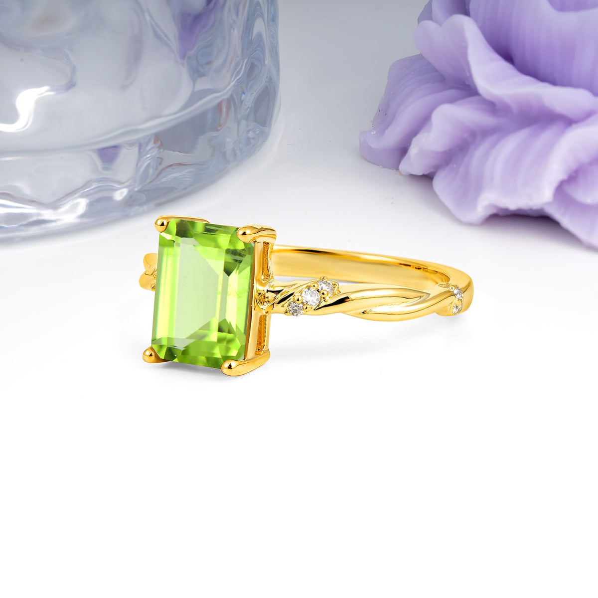Classic Luxury Twisted 4-Prong Emerald Cut Peridot Engagement Ring - Additional view