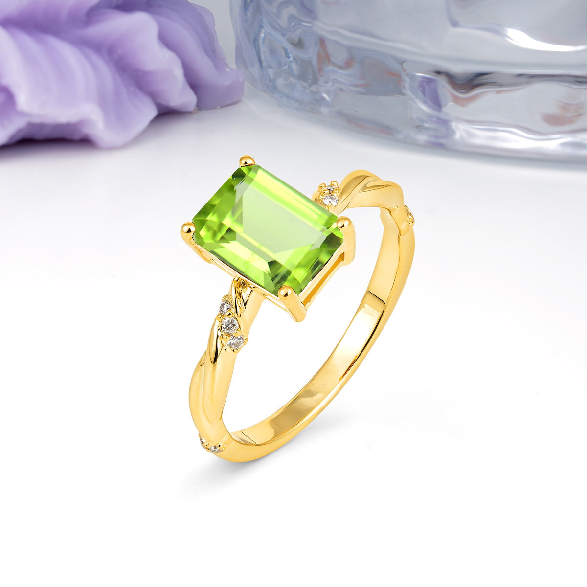 Classic Luxury Twisted 4-Prong Emerald Cut Peridot Engagement Ring - Additional view