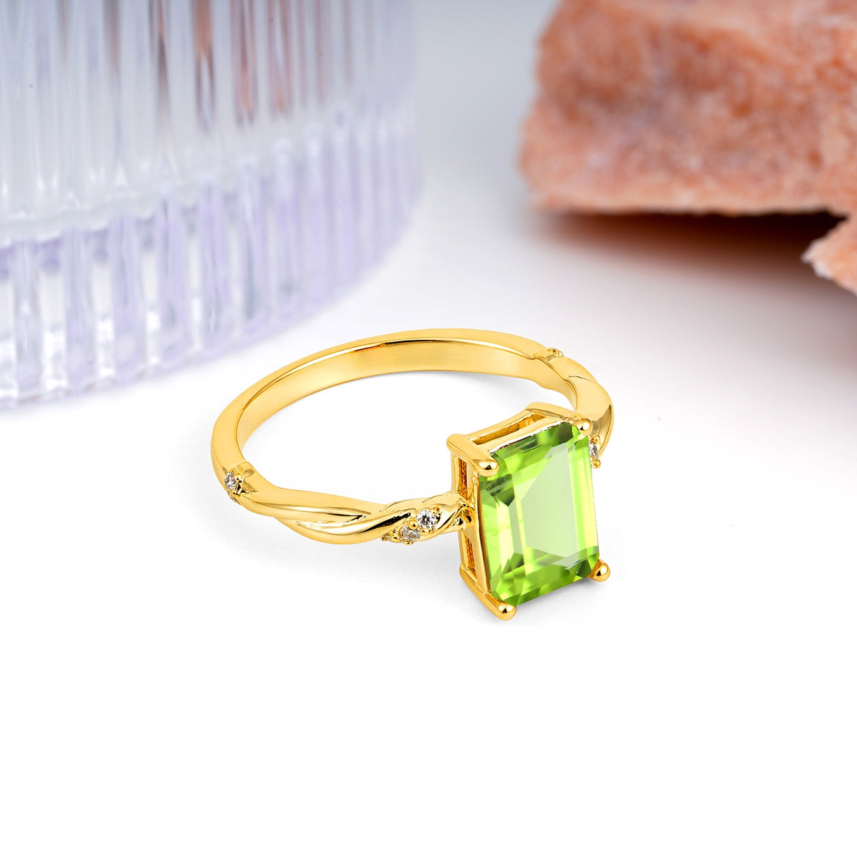 Classic Luxury Twisted 4-Prong Emerald Cut Peridot Engagement Ring - Additional view
