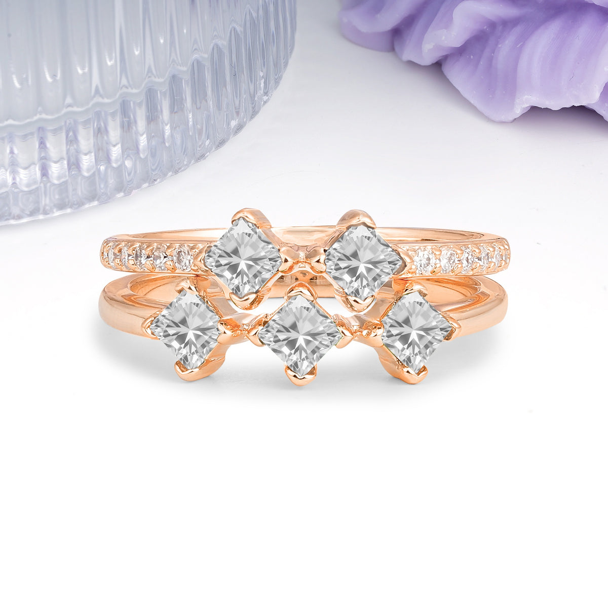 Unique, Minimalist, and Luxurious 4 Prong Princess Cut Moissanite Bridal ring set - Additional view