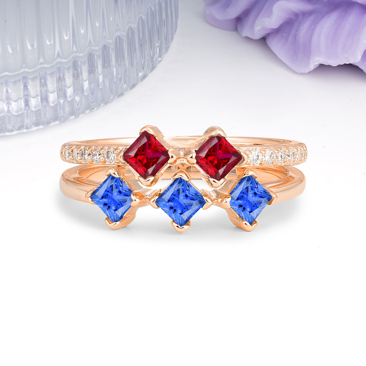 Unique, Minimalist, and Luxurious 4 Prong Princess Cut Sapphire Bridal ring set - Additional view