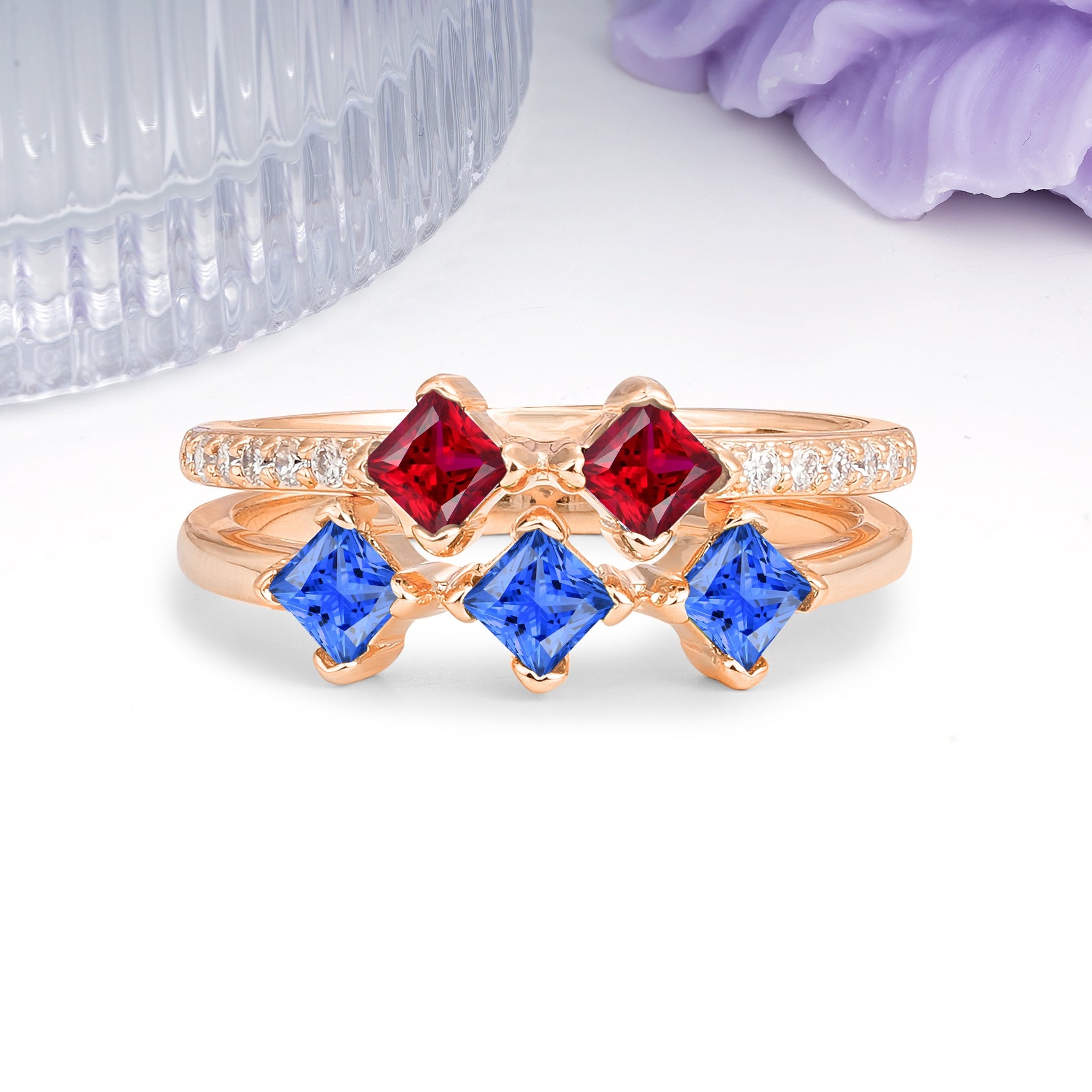 Unique, Minimalist, and Luxurious 4 Prong Princess Cut Sapphire Bridal ring set - Additional view