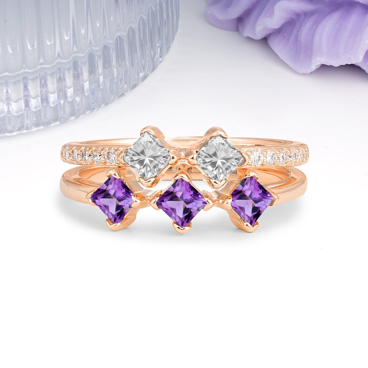 Unique, Minimalist, and Luxurious 4 Prong Princess Cut Amethyst Bridal ring set - Additional view