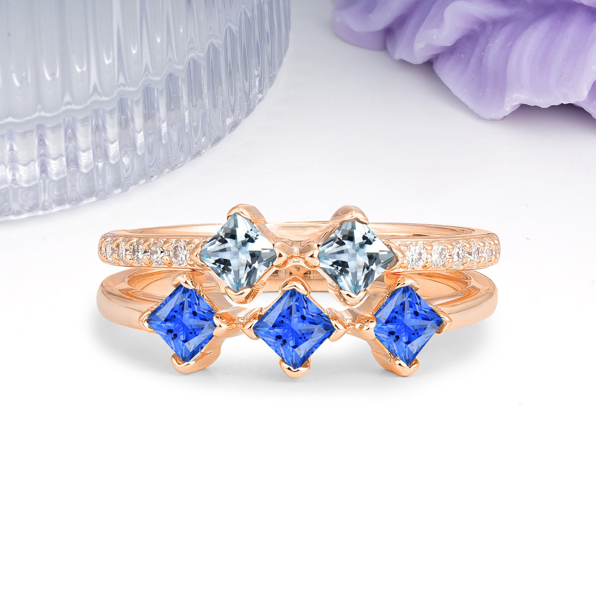 Unique, Minimalist, and Luxurious 4 Prong Princess Cut Aquamarine Bridal ring set - Additional view