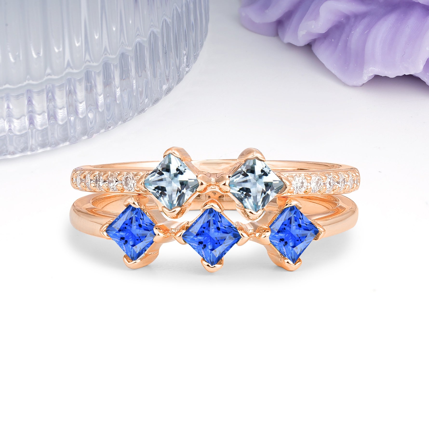 Unique, Minimalist, and Luxurious 4 Prong Princess Cut Aquamarine Bridal ring set - Additional view