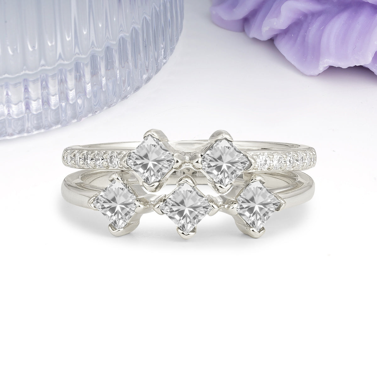 Unique, Minimalist, and Luxurious 4 Prong Princess Cut Moissanite Bridal ring set - Additional view