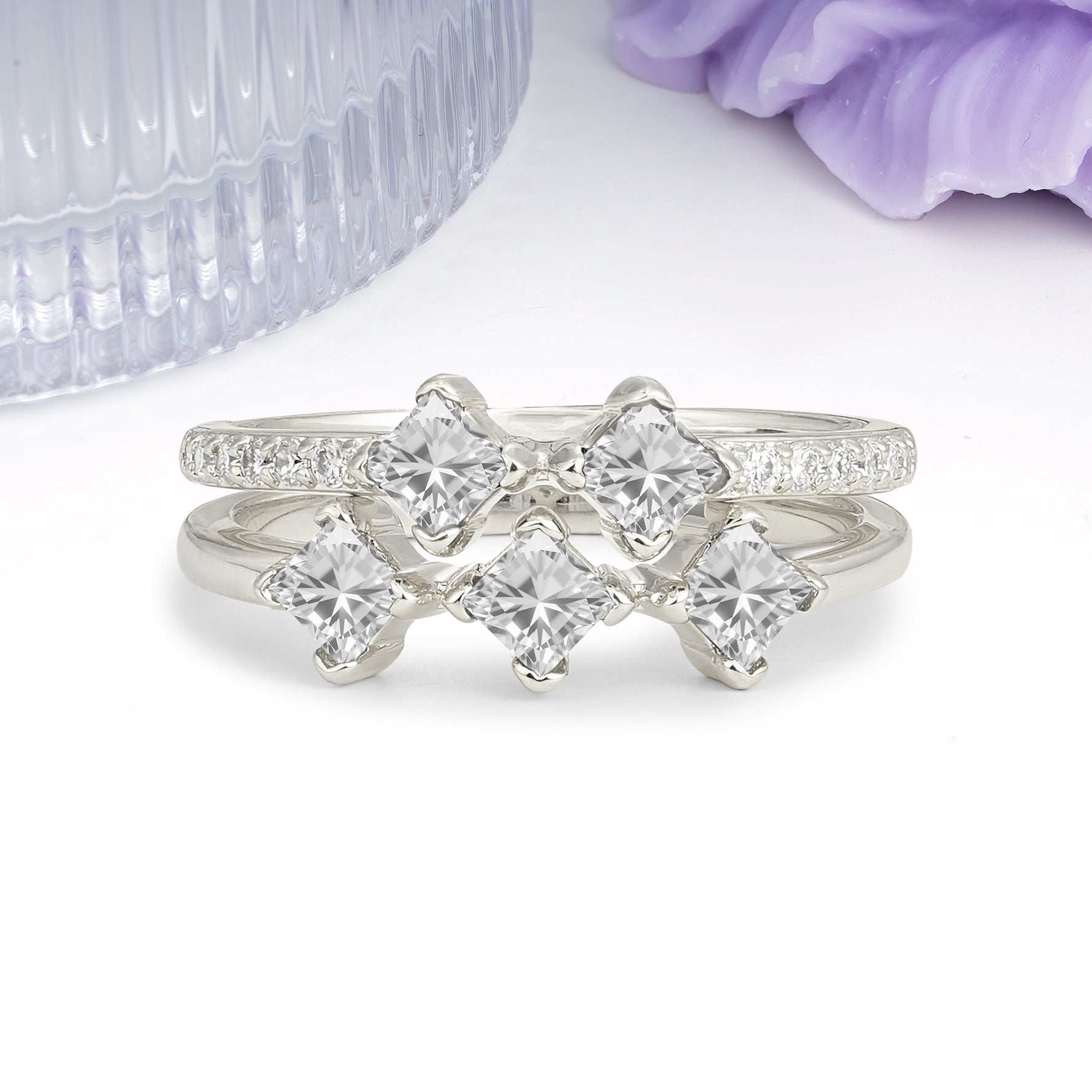 Unique, Minimalist, and Luxurious 4 Prong Princess Cut Moissanite Bridal ring set - Additional view