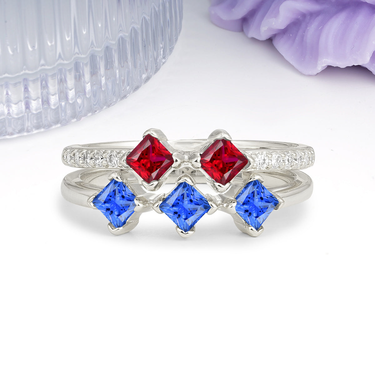 Unique, Minimalist, and Luxurious 4 Prong Princess Cut Sapphire Bridal ring set - Additional view