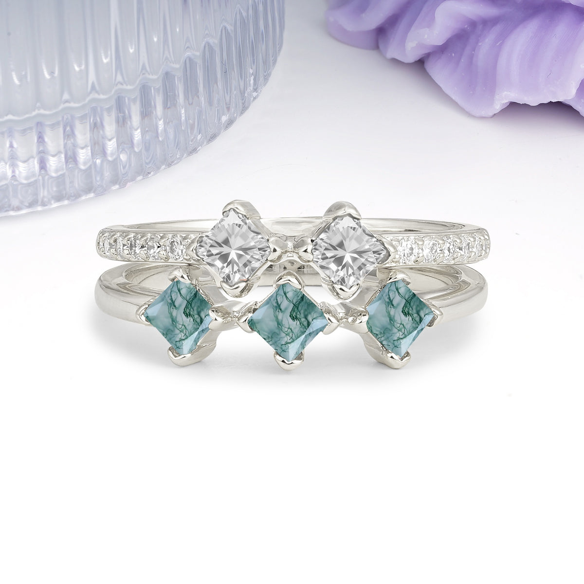 Unique, Minimalist, and Luxurious 4 Prong Princess Cut Moss Agate Bridal ring set - Additional view