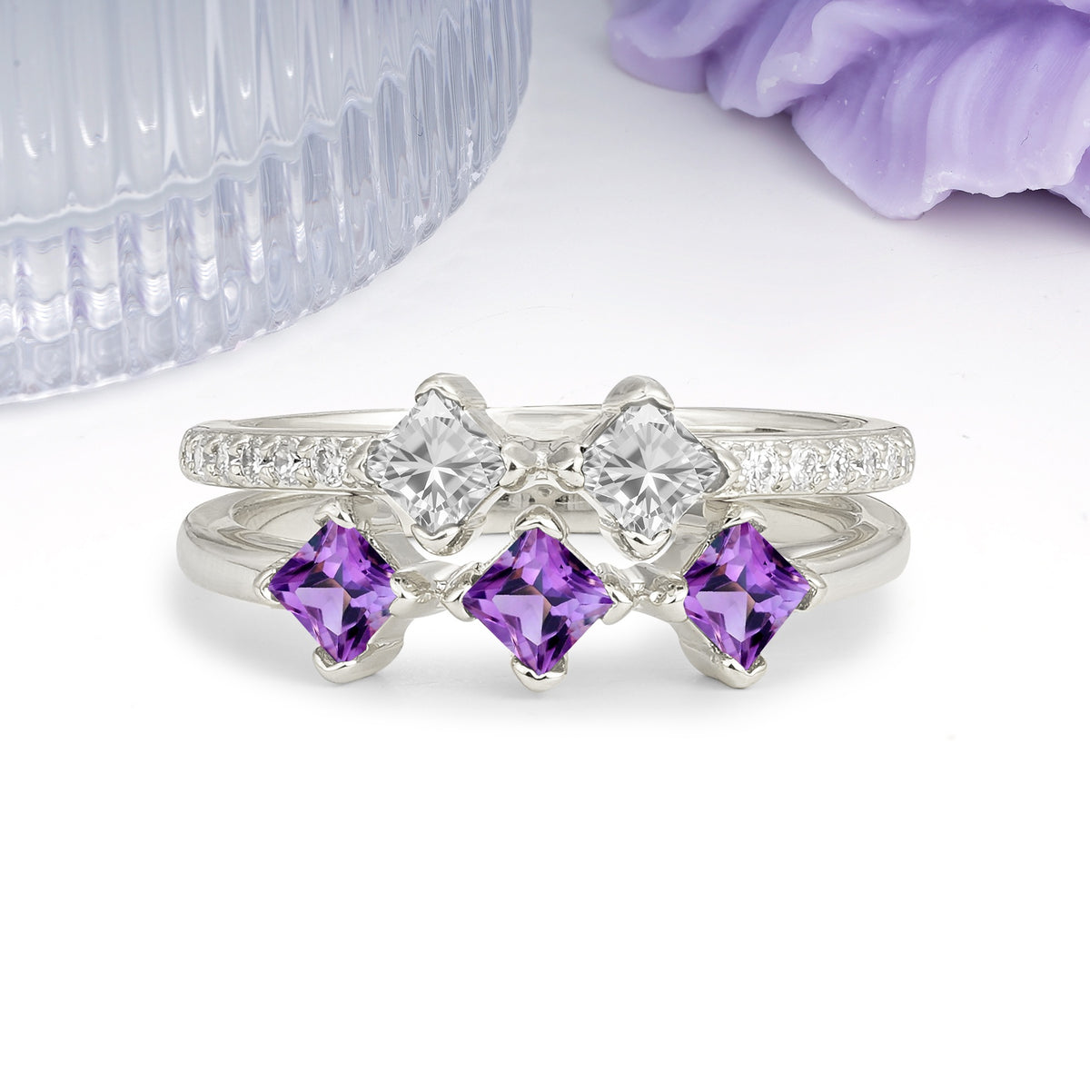 Unique, Minimalist, and Luxurious 4 Prong Princess Cut Amethyst Bridal ring set - Additional view