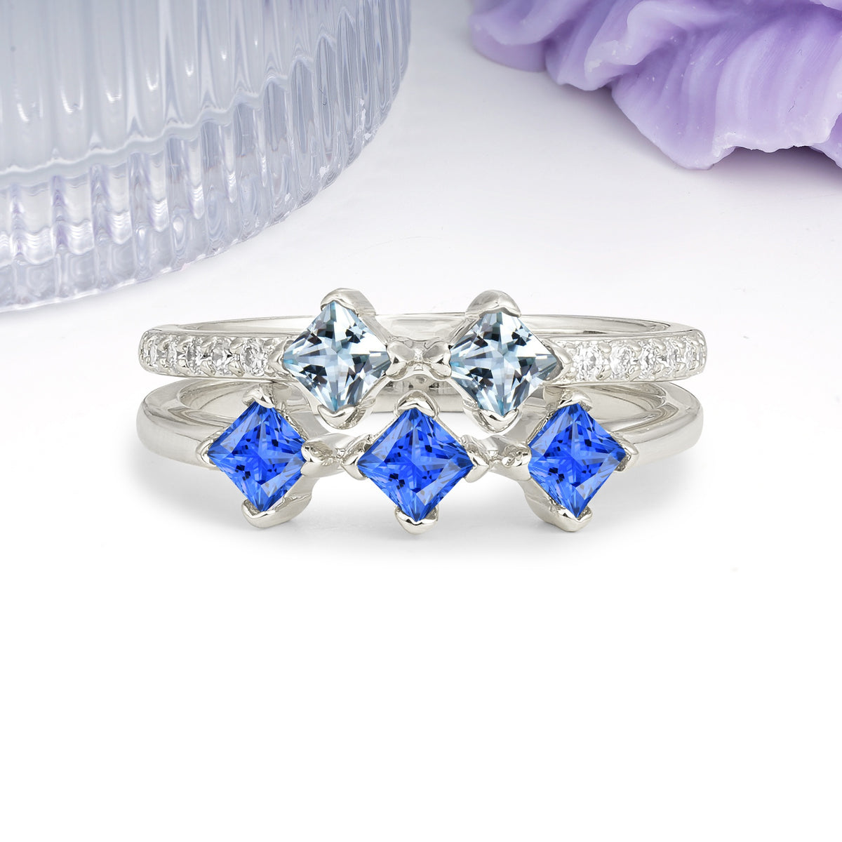 Unique, Minimalist, and Luxurious 4 Prong Princess Cut Aquamarine Bridal ring set - Additional view
