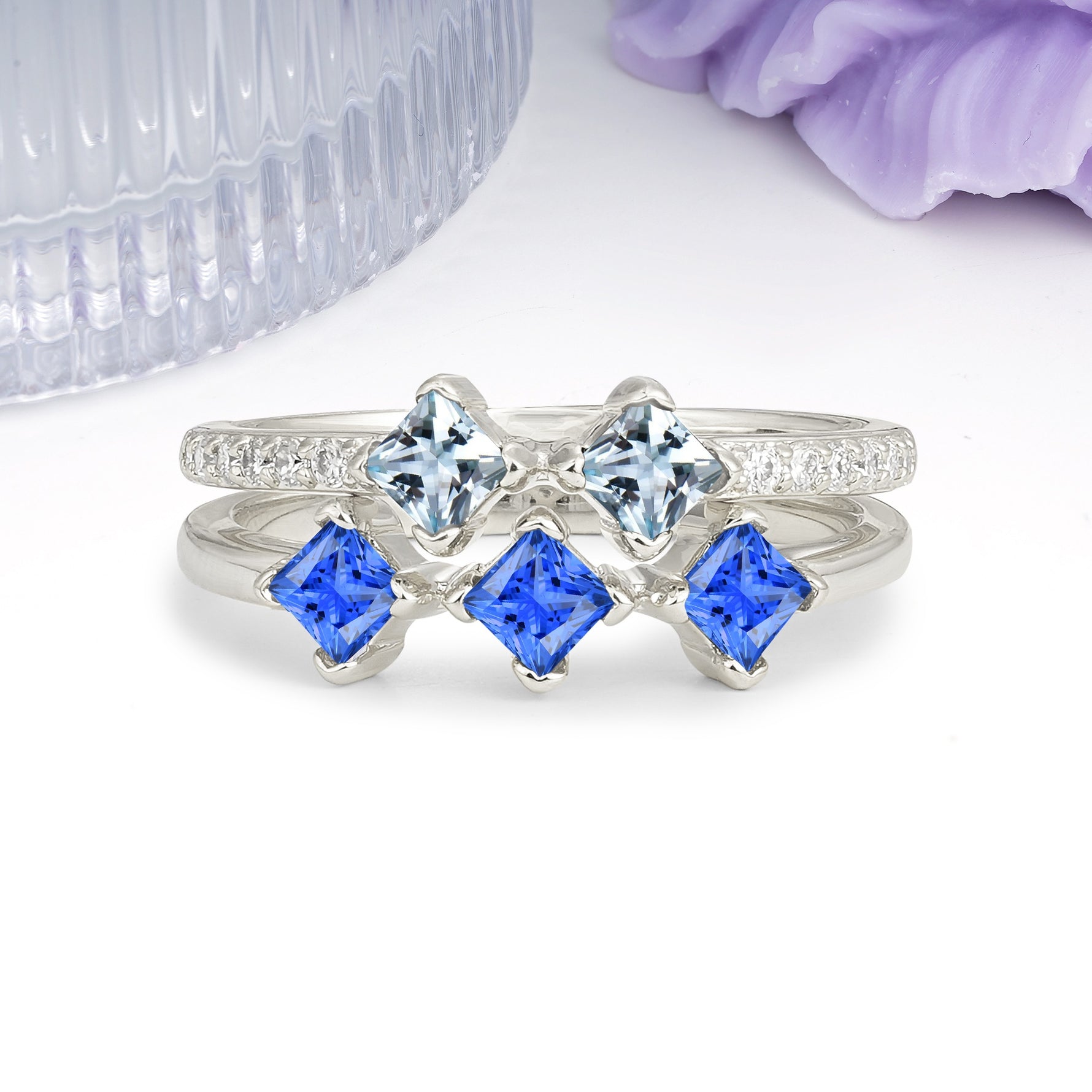 Unique, Minimalist, and Luxurious 4 Prong Princess Cut Aquamarine Bridal ring set - Additional view