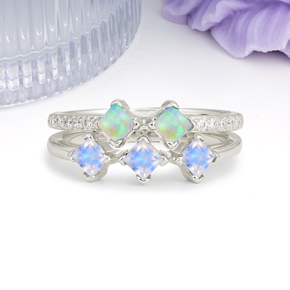 Unique, Minimalist, and Luxurious 4 Prong Princess Cut Moonstone Bridal ring set - Additional view