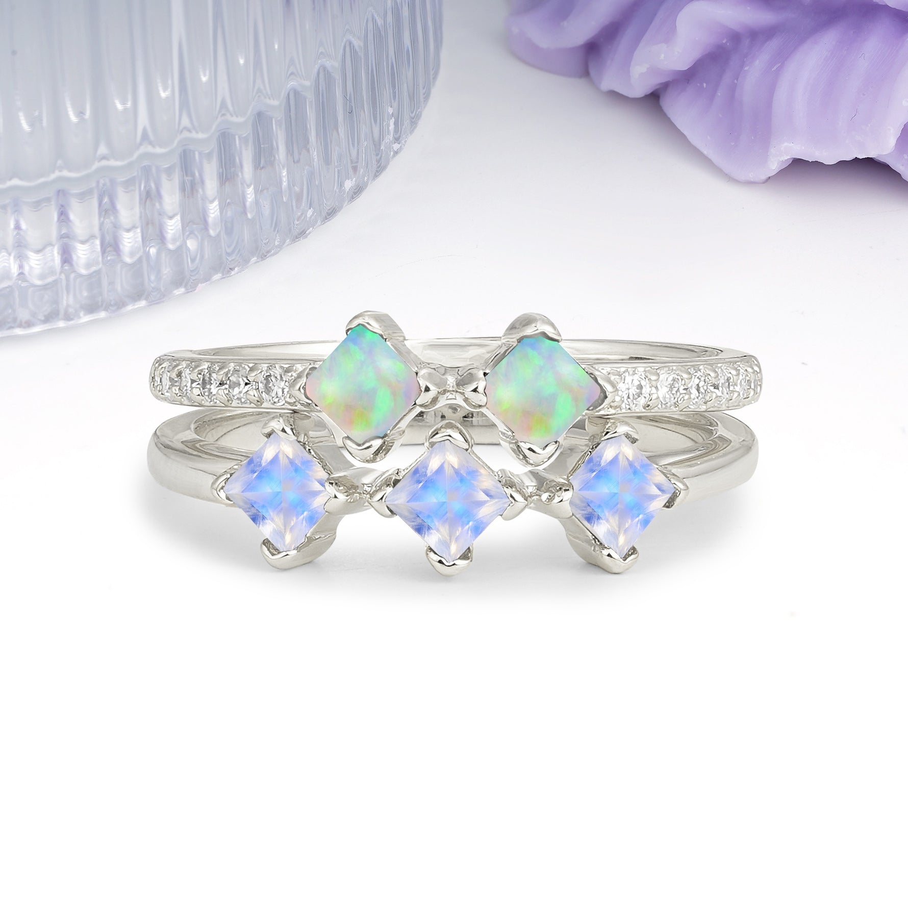 Unique, Minimalist, and Luxurious 4 Prong Princess Cut Moonstone Bridal ring set - Additional view