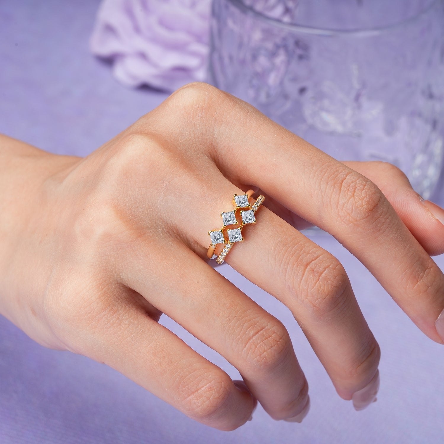 Unique, Minimalist, and Luxurious 4 Prong Princess Cut Moissanite Bridal ring set - Additional view