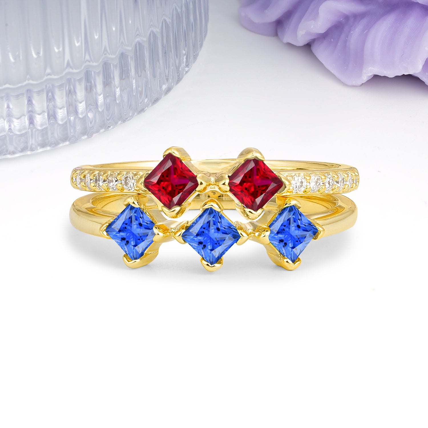 Unique, Minimalist, and Luxurious 4 Prong Princess Cut Sapphire Bridal ring set - Additional view