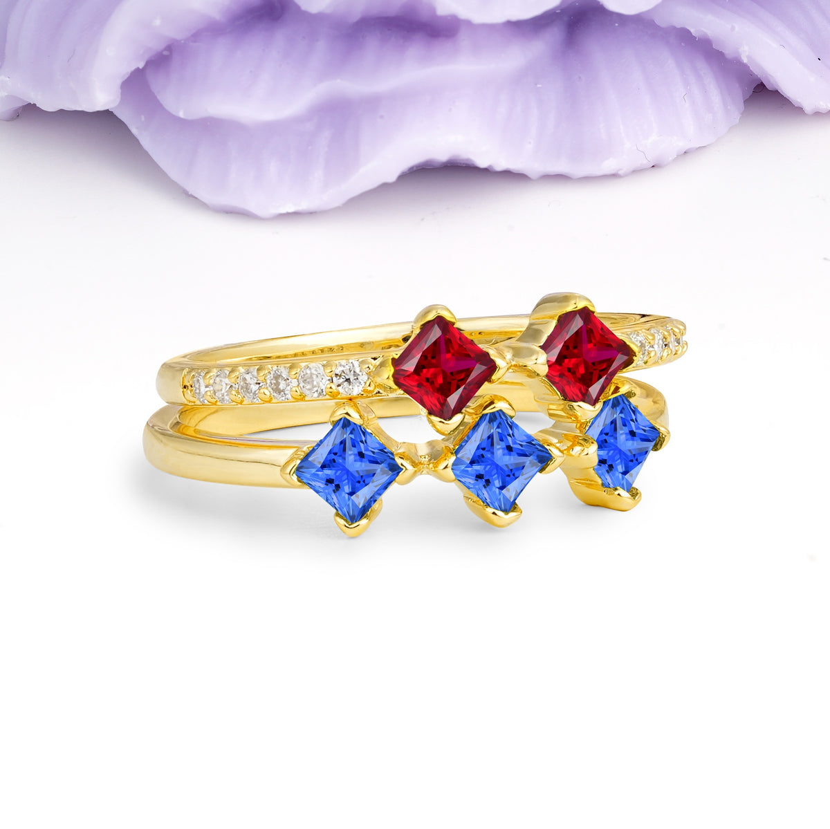 Unique, Minimalist, and Luxurious 4 Prong Princess Cut Sapphire Bridal ring set - Additional view