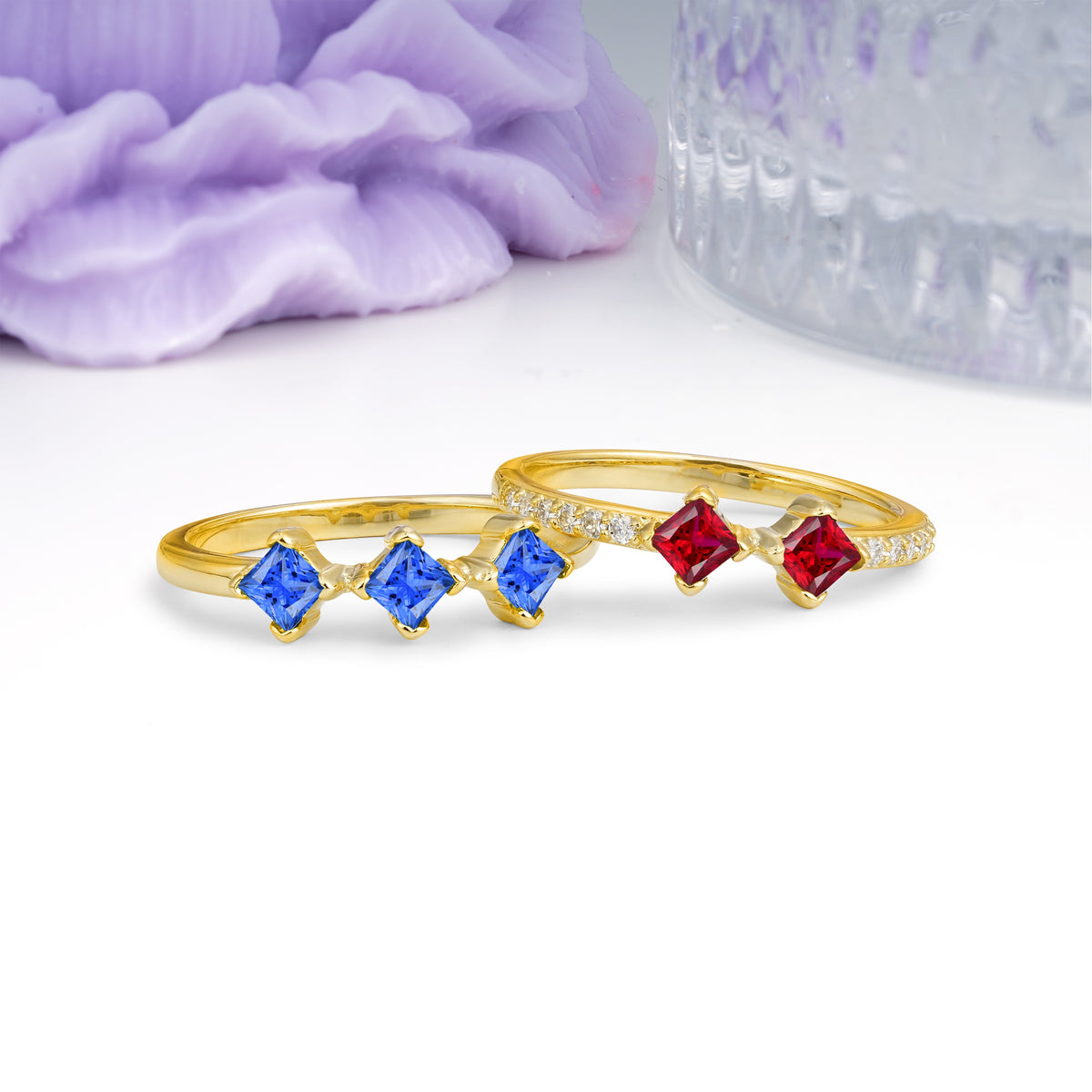 Unique, Minimalist, and Luxurious 4 Prong Princess Cut Sapphire Bridal ring set - Additional view