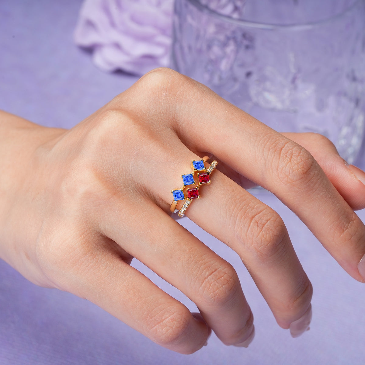 Unique, Minimalist, and Luxurious 4 Prong Princess Cut Sapphire Bridal ring set - Additional view